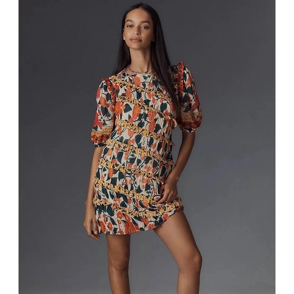 FARM Rio Dresses & Skirts - Farm Rio x Anthropologie Puff-Sleeve Fitted Mini Dress. Size L EUC Boho Colorful
